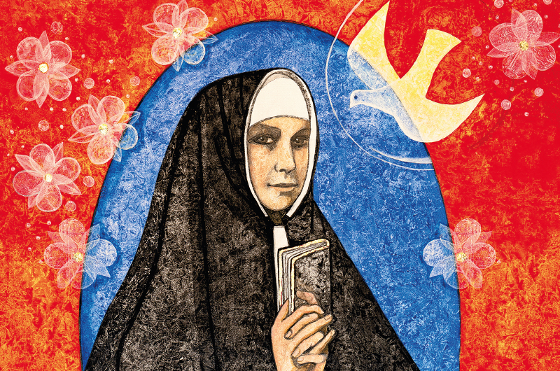 Gemälde von Katharina Kasper mit Buch in der Hand und eine Taube oben rechts