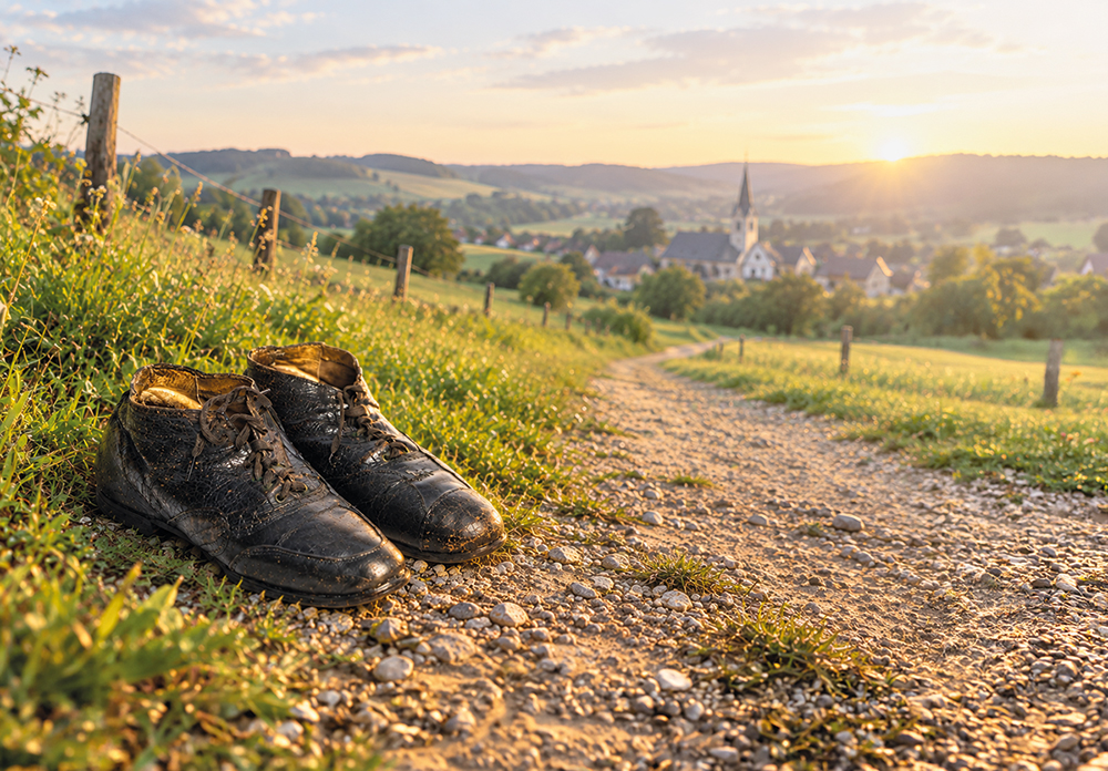 Schuhe in einer Landschaft auf einem Weg, im Hintergrund ein Dorf